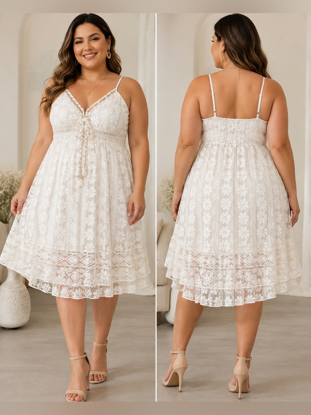 Women’s XL Ivory White Lace Boho Midi Dress Floral Crochet High Low